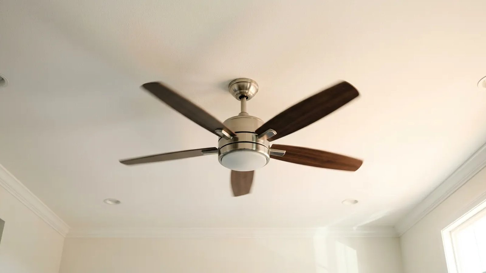 A modern ceiling fan spinning counterclockwise to provide cooling airflow in a sunlit room.