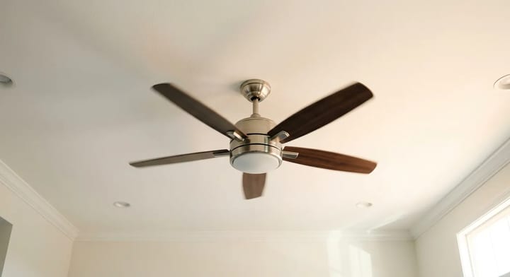 A modern ceiling fan spinning counterclockwise to provide cooling airflow in a sunlit room.