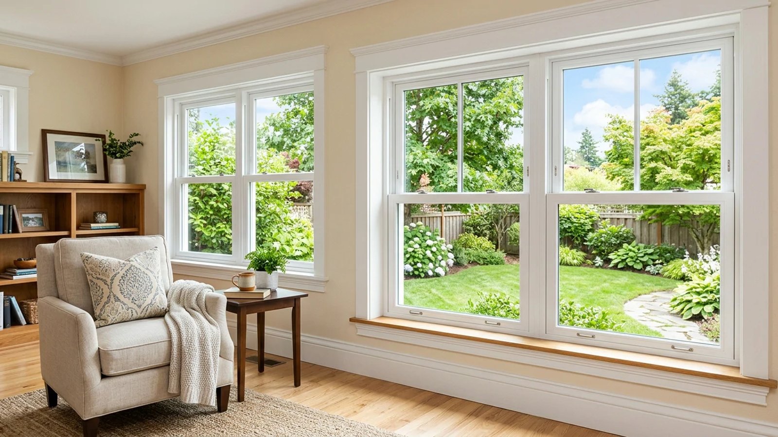 A bright living room featuring a newly installed double-hung window