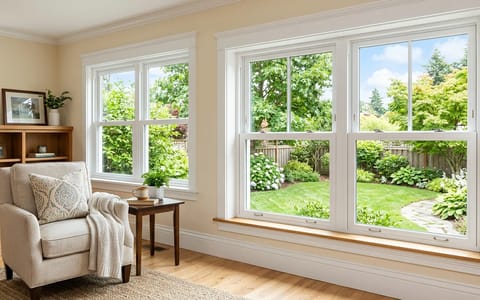 A bright living room featuring a newly installed double-hung window