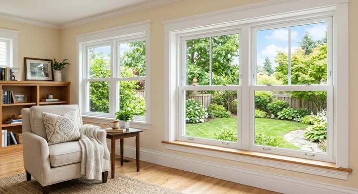 A bright living room featuring a newly installed double-hung window