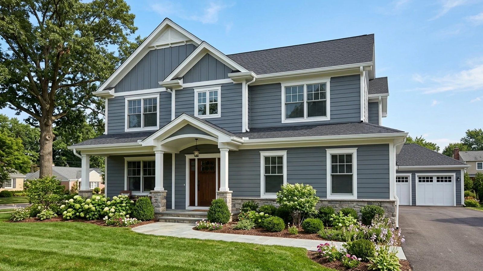 A house exterior featuring newly installed gray concrete board siding and white trim.