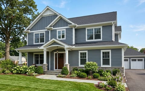 A house exterior featuring newly installed gray concrete board siding and white trim.