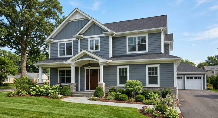 A house exterior featuring newly installed gray concrete board siding and white trim.