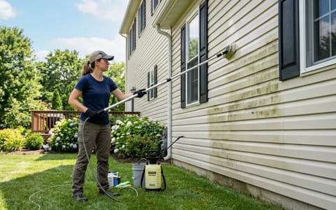 Homeowner cleaning green algae from vinyl siding using a soft bristle brush and pump sprayer.