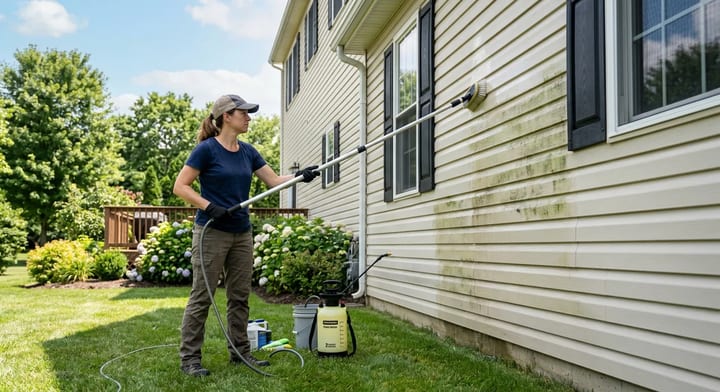 Homeowner cleaning green algae from vinyl siding using a soft bristle brush and pump sprayer.