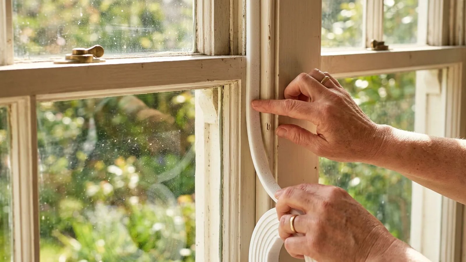 Homeowner applying new adhesive weatherstripping to a window frame