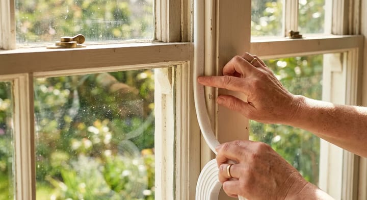 Homeowner applying new adhesive weatherstripping to a window frame