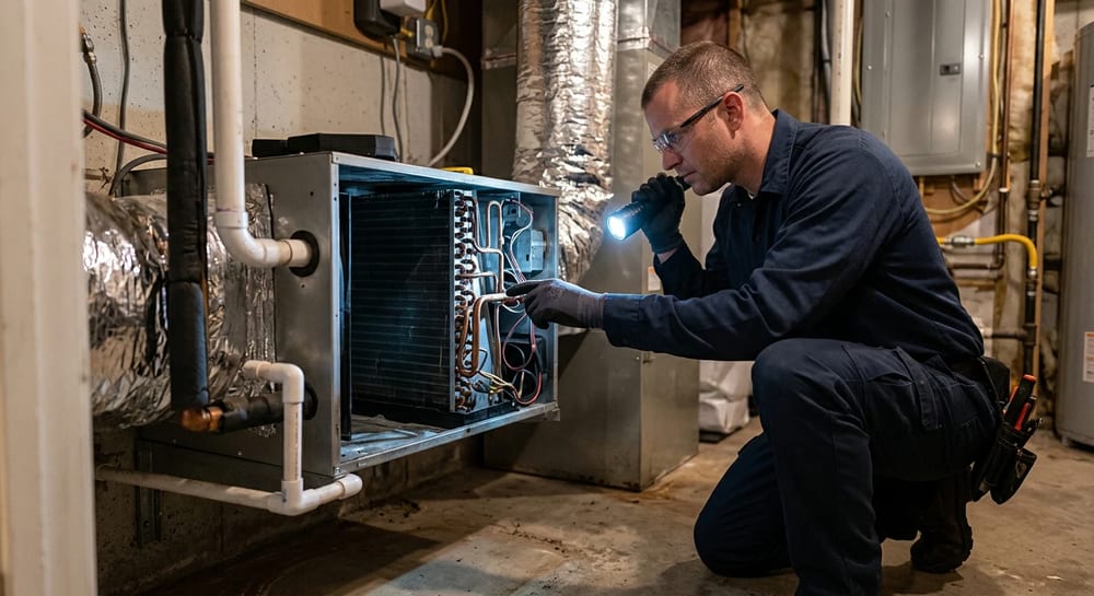 HVAC technician inspecting an air handler unit