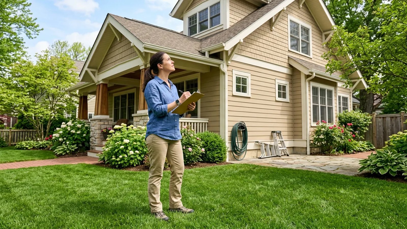 Homeowner inspecting the exterior of a house with a checklist on a sunny spring day