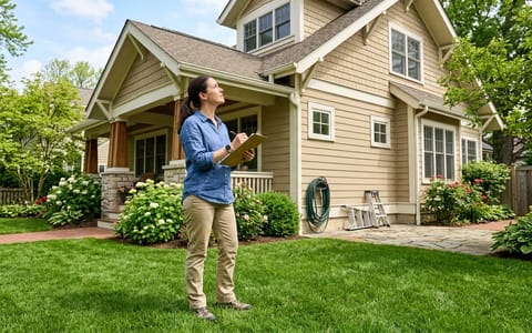 Homeowner inspecting the exterior of a house with a checklist on a sunny spring day