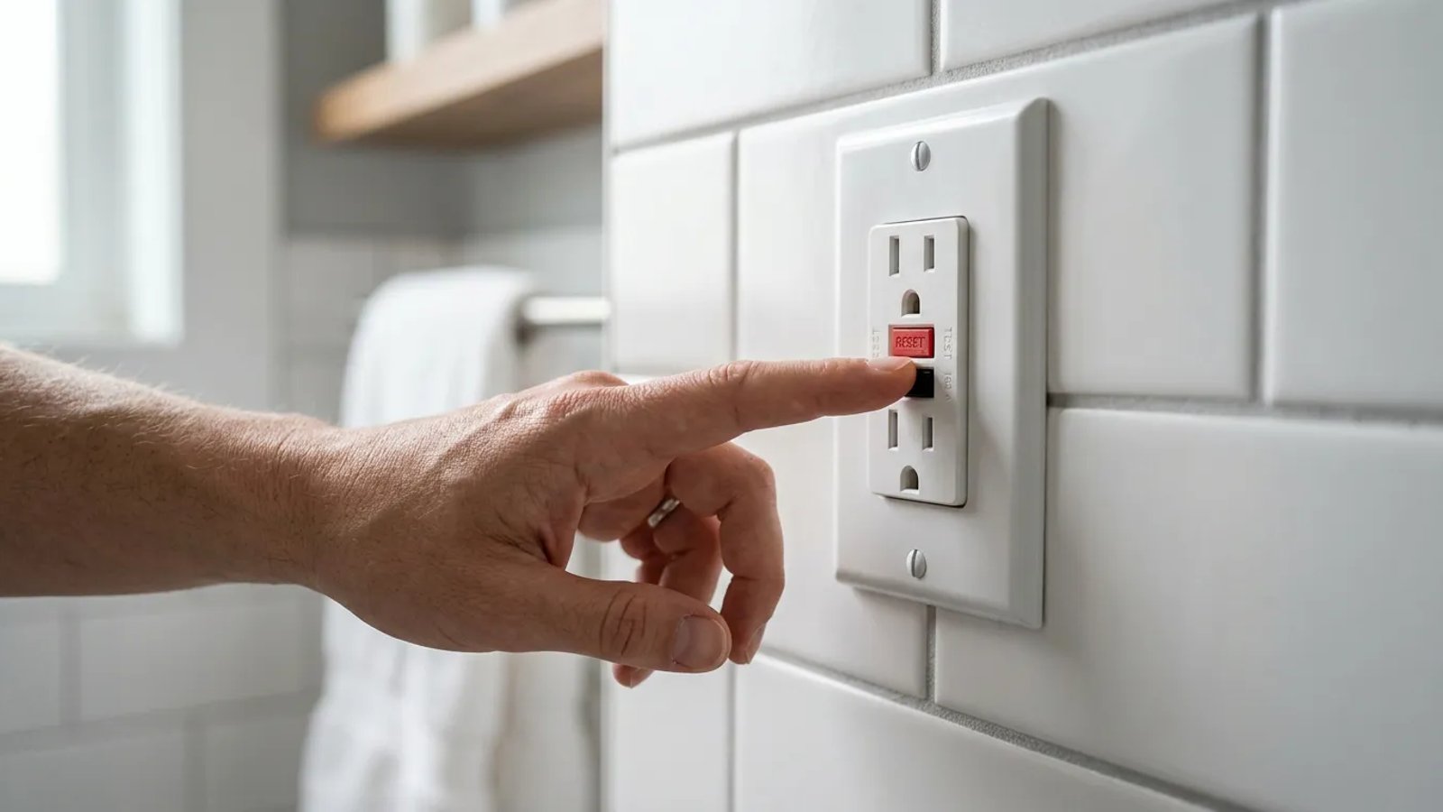 Hand pressing the reset button on a bathroom GFCI outlet