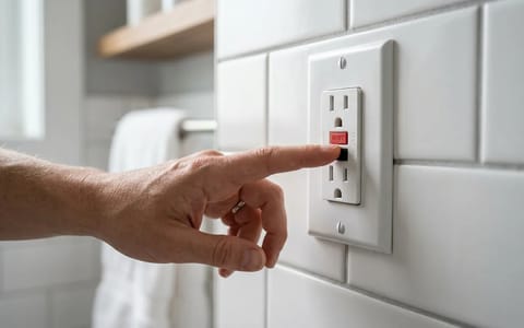 Hand pressing the reset button on a bathroom GFCI outlet