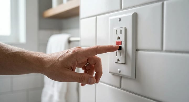 Hand pressing the reset button on a bathroom GFCI outlet