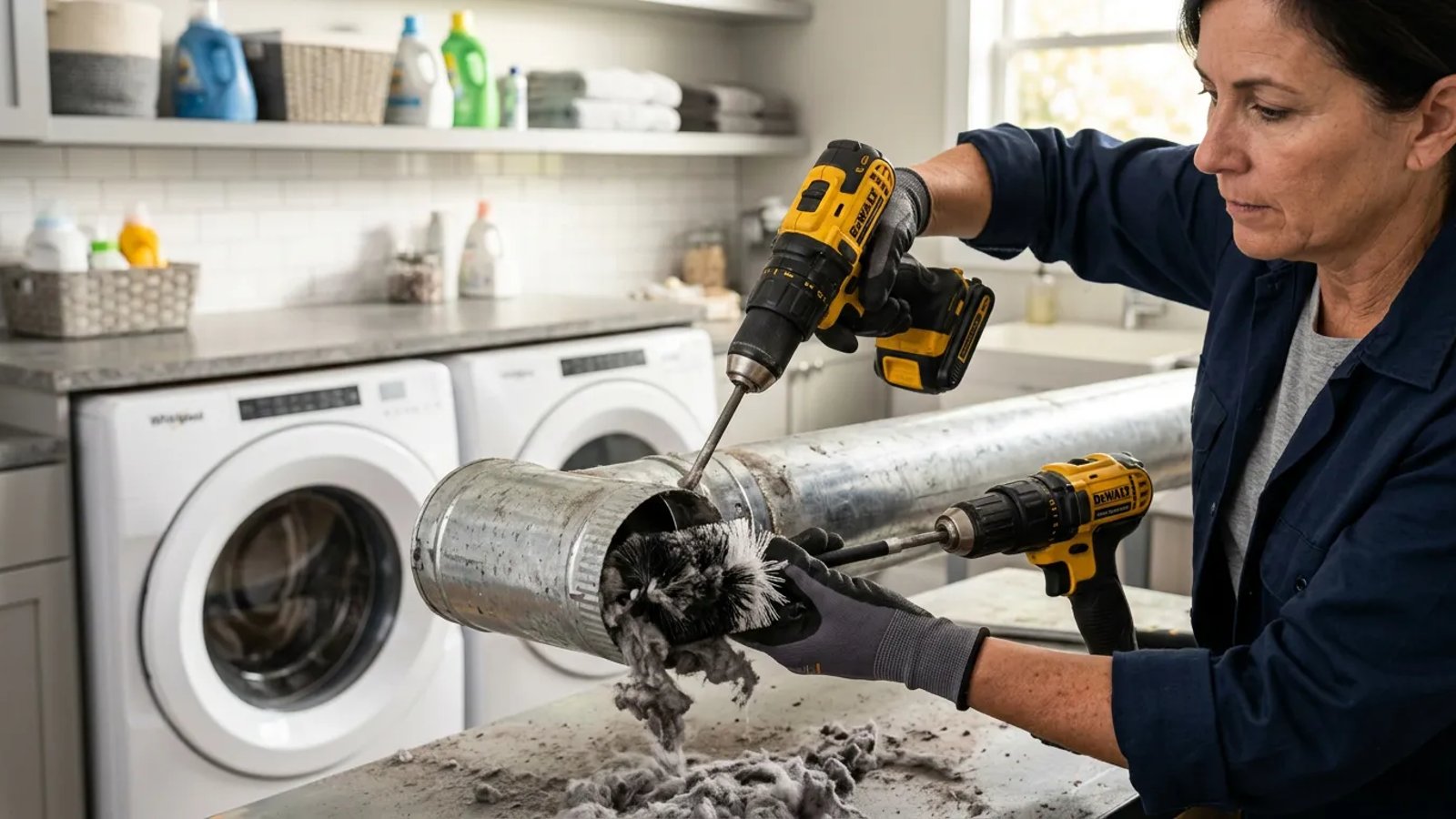 Homeowner using a rotary brush kit to clean a metal dryer vent duct
