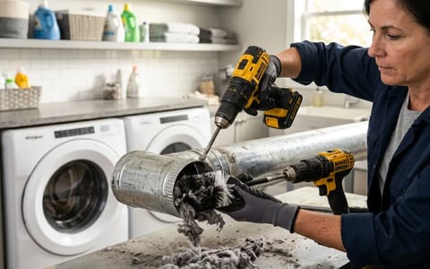 Homeowner using a rotary brush kit to clean a metal dryer vent duct