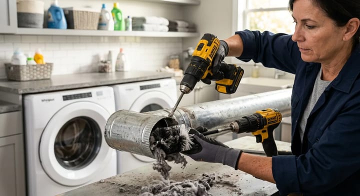Homeowner using a rotary brush kit to clean a metal dryer vent duct