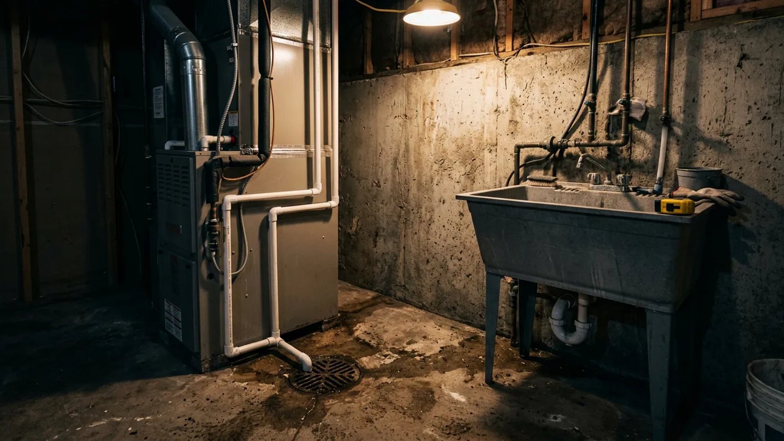 A typical basement utility area showing a concrete floor drain, HVAC system, and utility sink against a concrete foundation wall.