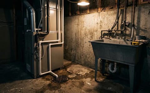 A typical basement utility area showing a concrete floor drain, HVAC system, and utility sink against a concrete foundation wall.