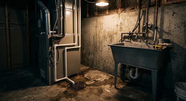 A typical basement utility area showing a concrete floor drain, HVAC system, and utility sink against a concrete foundation wall.