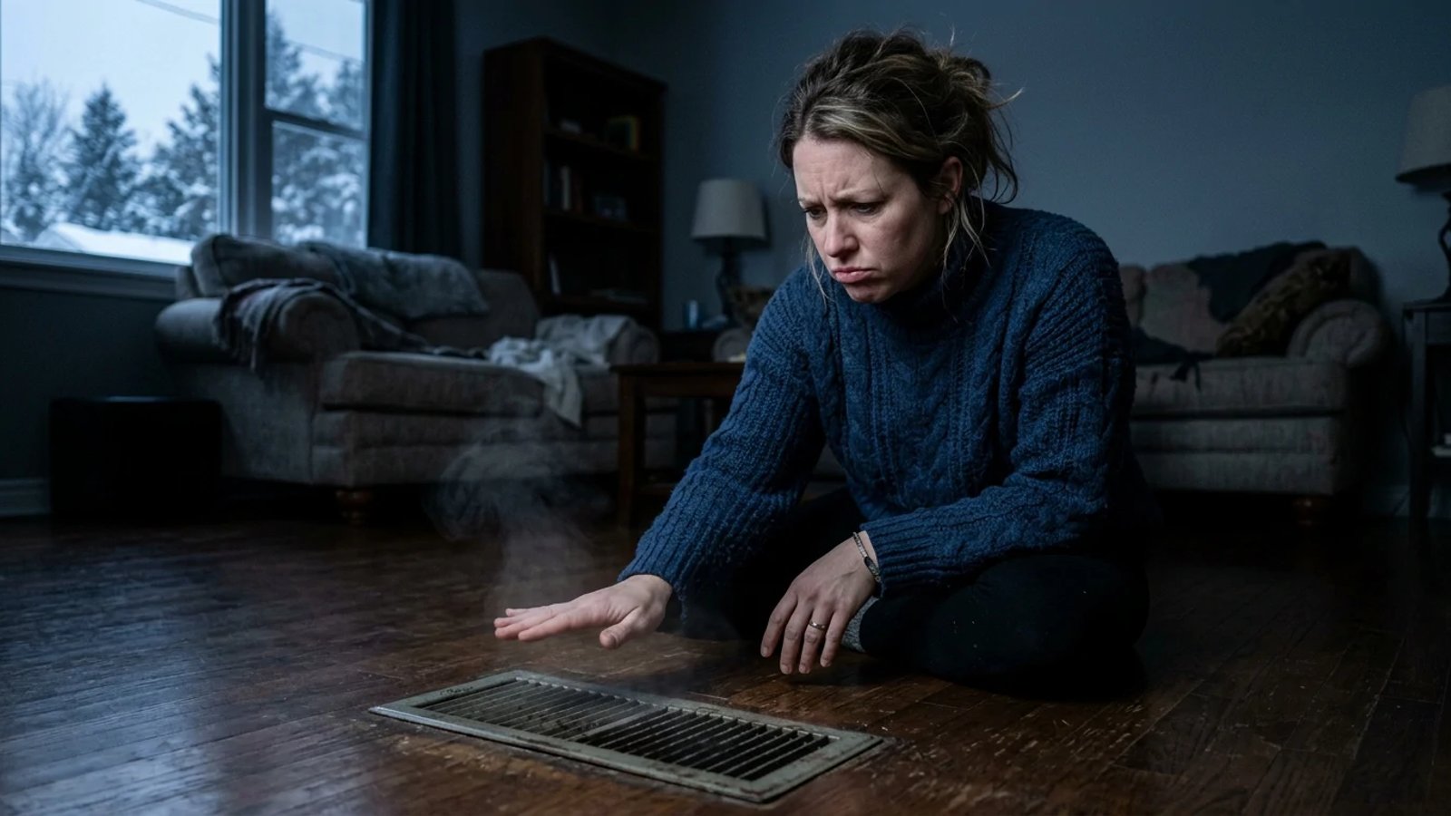 Homeowner checking a floor vent for warm air