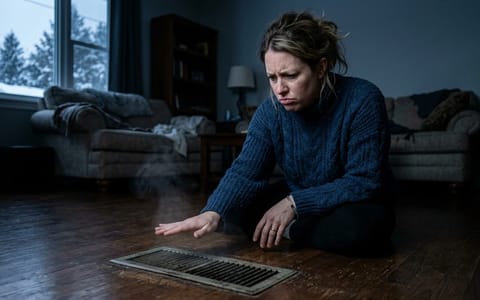 Homeowner checking a floor vent for warm air