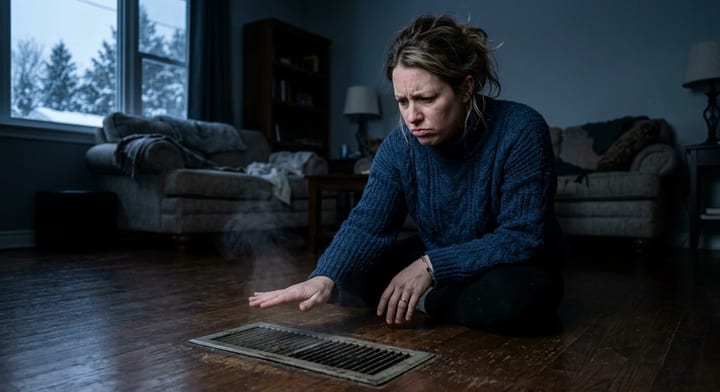 Homeowner checking a floor vent for warm air