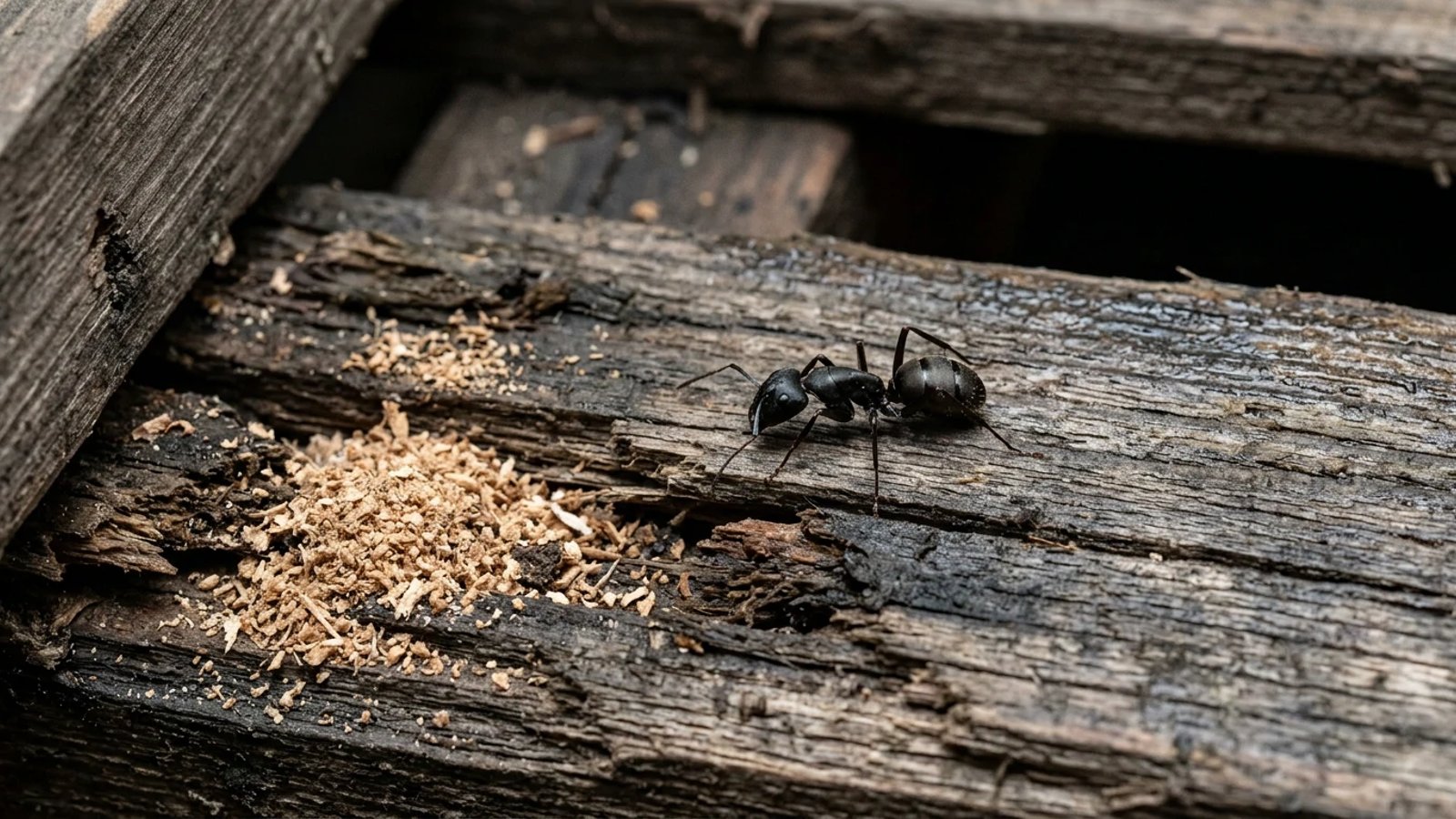 A large black carpenter ant crawling on damaged wood near a pile of sawdust.