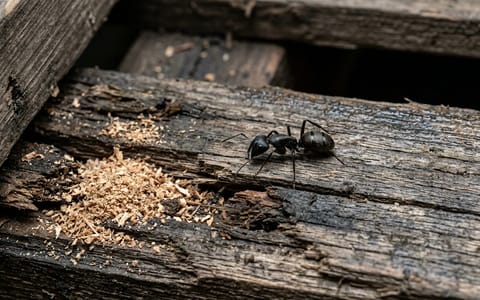 A large black carpenter ant crawling on damaged wood near a pile of sawdust.