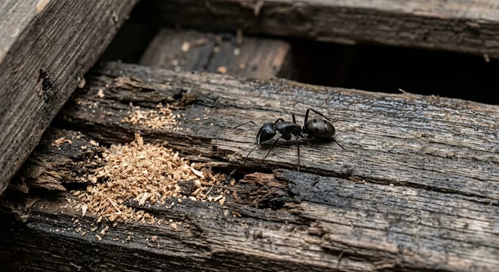 A large black carpenter ant crawling on damaged wood near a pile of sawdust.
