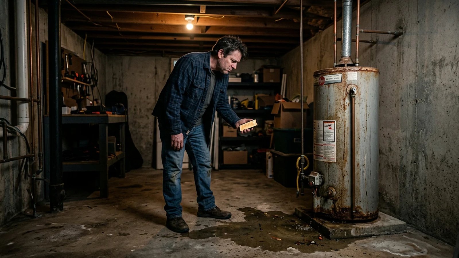 Homeowner discovering a leaking water heater in their basement