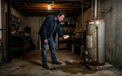 Homeowner discovering a leaking water heater in their basement