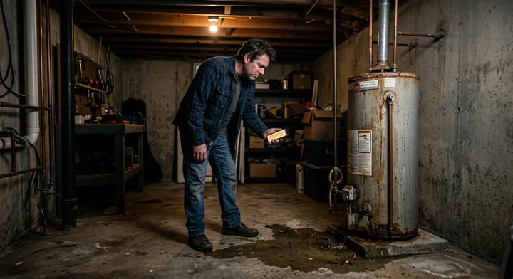 Homeowner discovering a leaking water heater in their basement