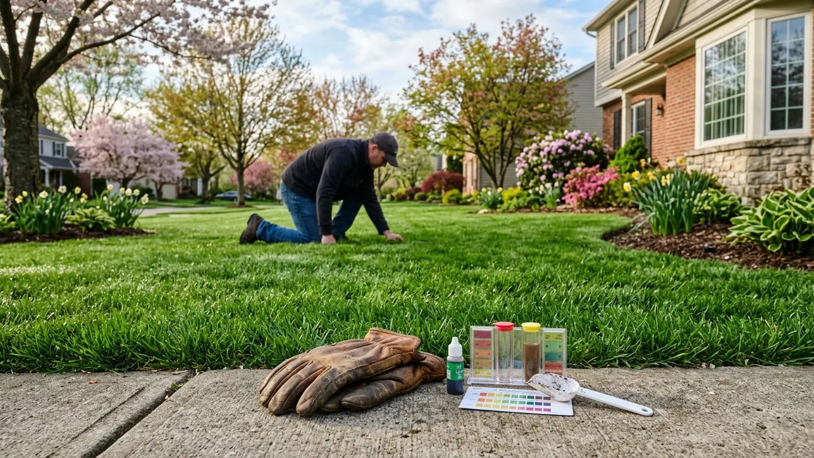Gardening gloves and a soil test kit resting on a sidewalk next to a green spring lawn