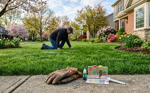 Gardening gloves and a soil test kit resting on a sidewalk next to a green spring lawn