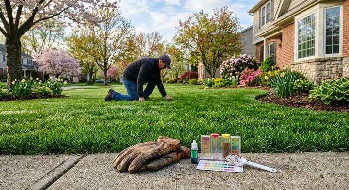 Gardening gloves and a soil test kit resting on a sidewalk next to a green spring lawn