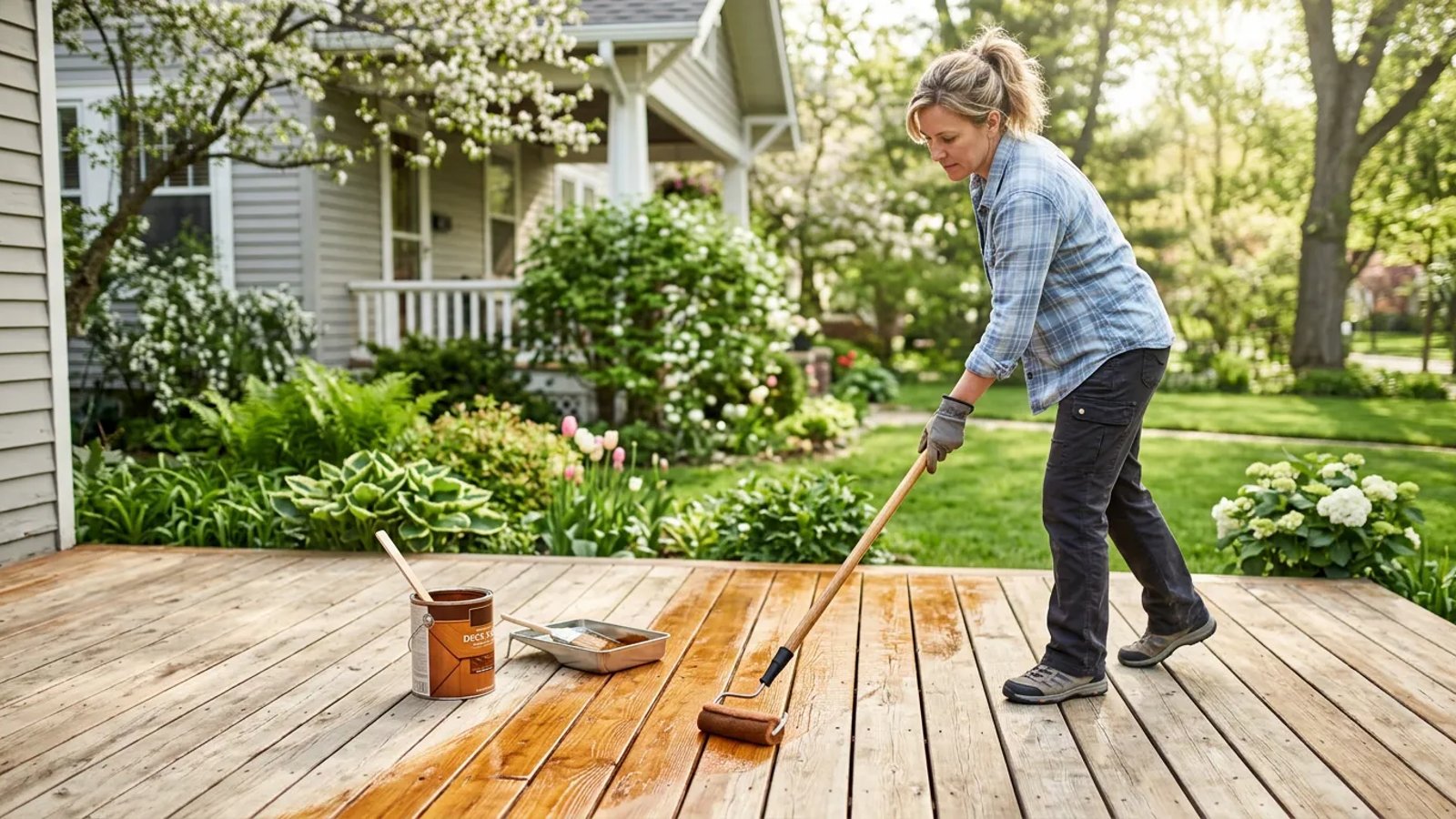 Homeowner applying semi-transparent stain to a wooden deck with a staining pad