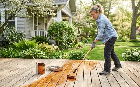 Homeowner applying semi-transparent stain to a wooden deck with a staining pad