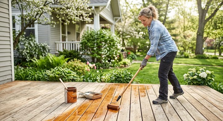 Homeowner applying semi-transparent stain to a wooden deck with a staining pad