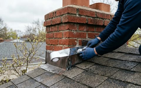 Applying flashing tape to a chimney base to temporarily stop a roof leak.