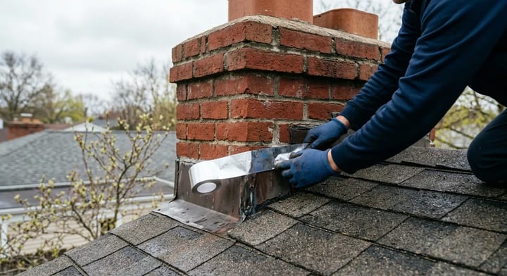 Applying flashing tape to a chimney base to temporarily stop a roof leak.