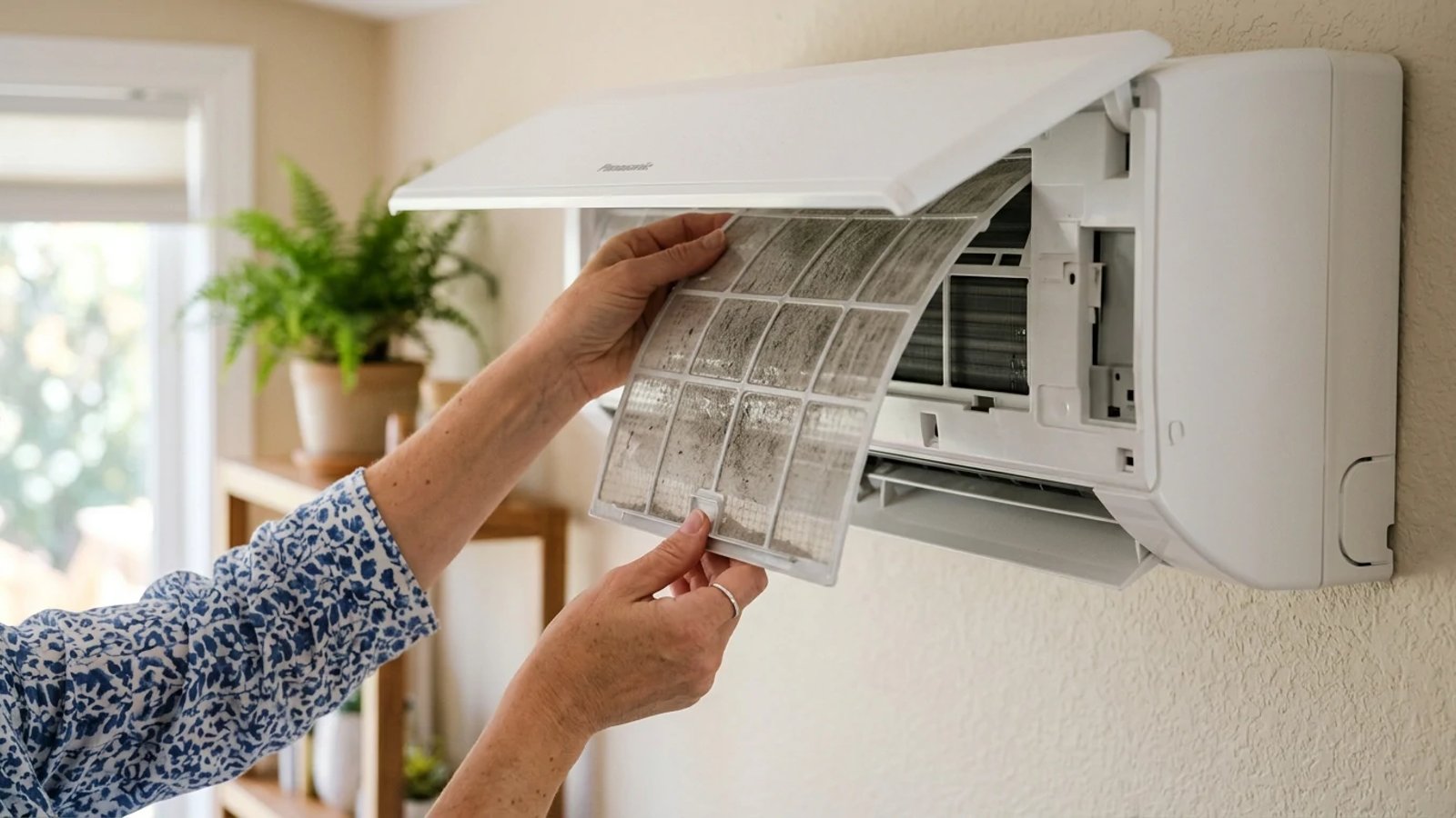 Homeowner removing a dusty mesh filter from a wall-mounted mini split unit