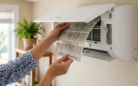 Homeowner removing a dusty mesh filter from a wall-mounted mini split unit