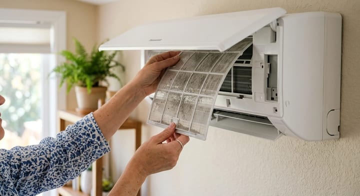 Homeowner removing a dusty mesh filter from a wall-mounted mini split unit