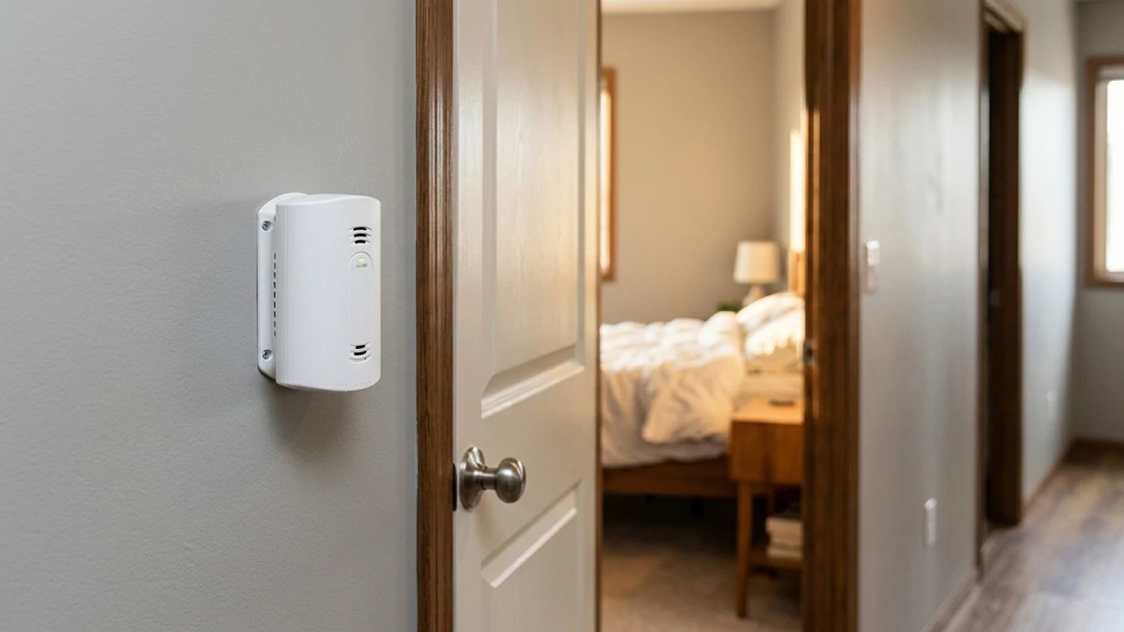 A carbon monoxide detector installed on a hallway wall outside a bedroom