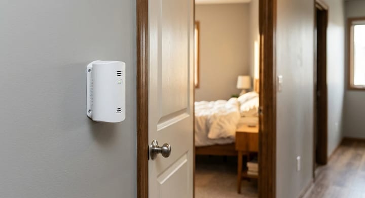 A carbon monoxide detector installed on a hallway wall outside a bedroom