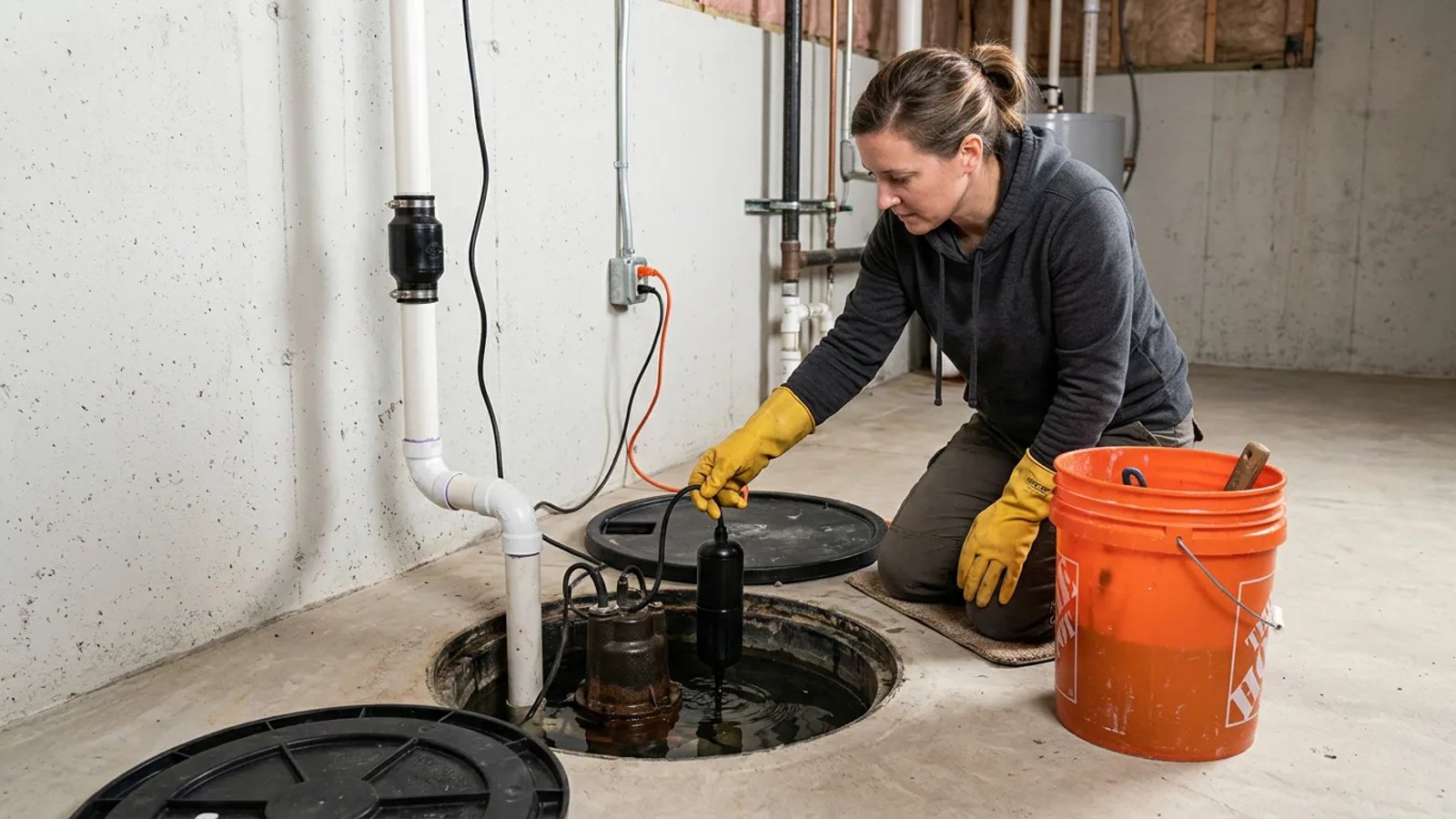 Homeowner wearing rubber gloves testing a basement sump pump float switch