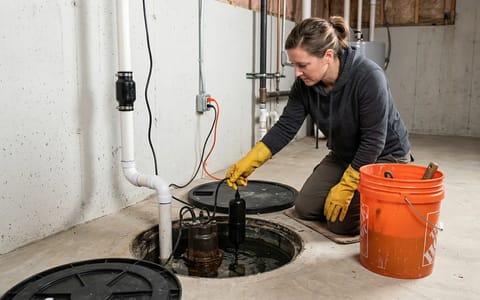 Homeowner wearing rubber gloves testing a basement sump pump float switch