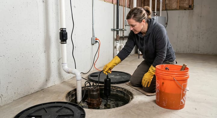 Homeowner wearing rubber gloves testing a basement sump pump float switch