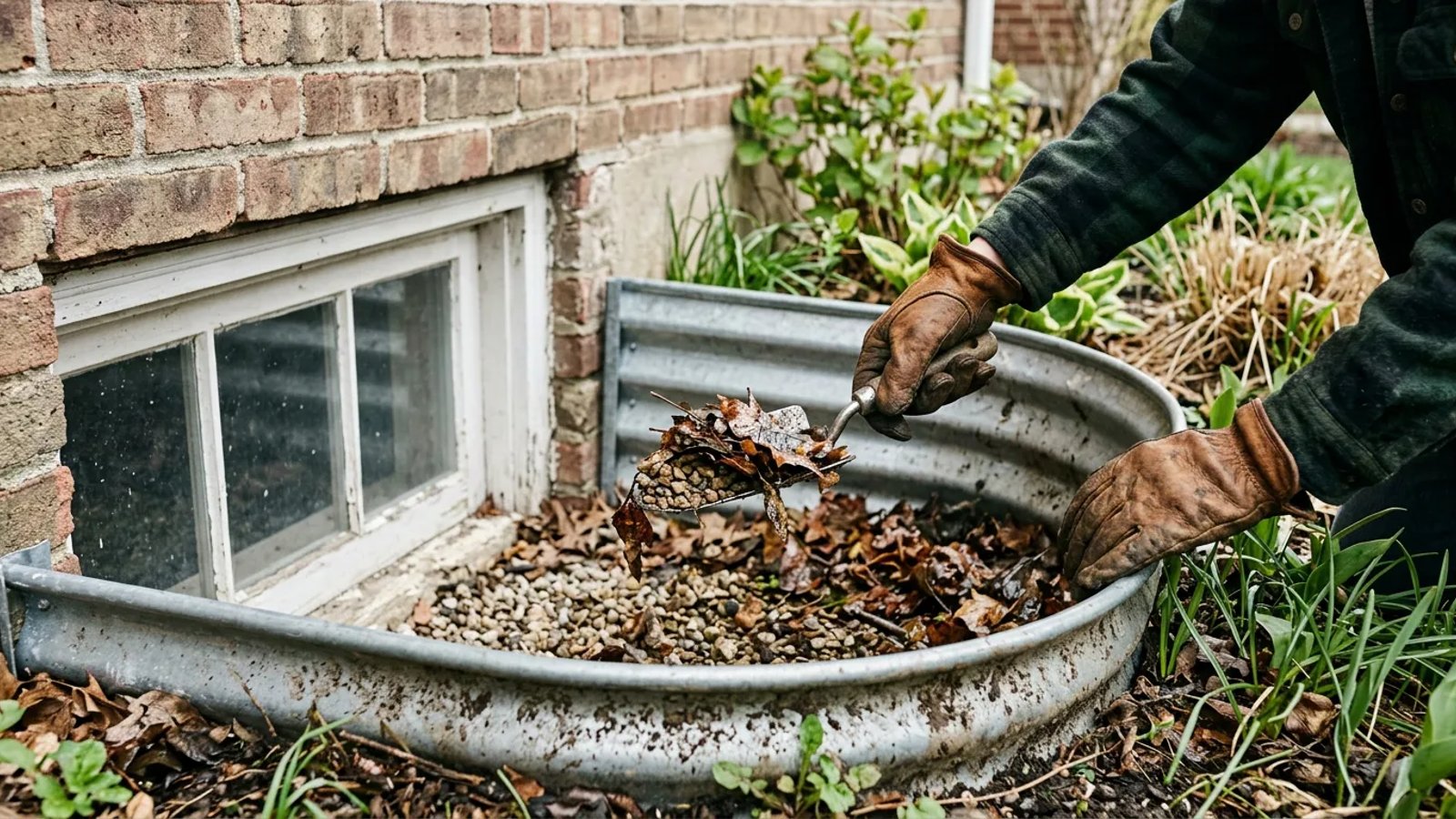 A person wearing work gloves cleaning leaves and debris out of a basement window well.